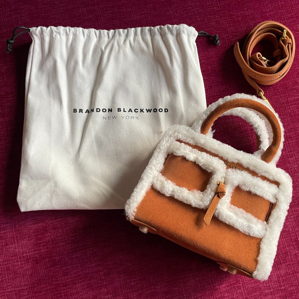 BRANDON BLACKWOOD Kuei Bag Tan Suede with Shearling Trim NWOT